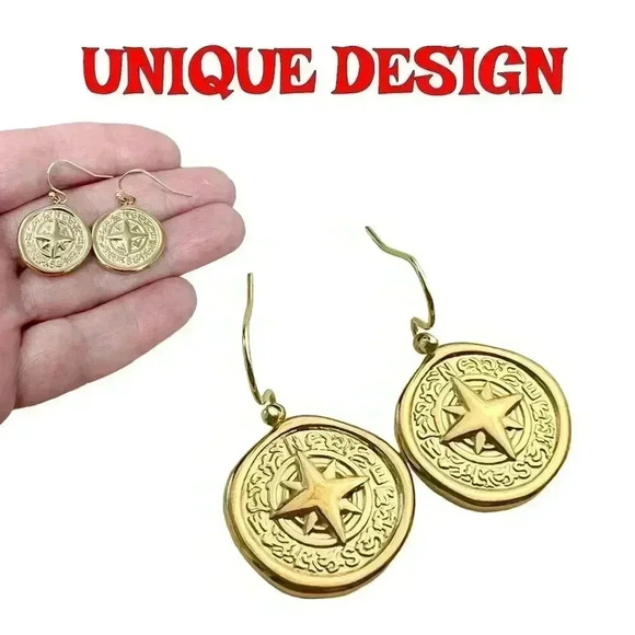 Compass gold coin earrings, nautical north star jewelry - Picture 5 of 11